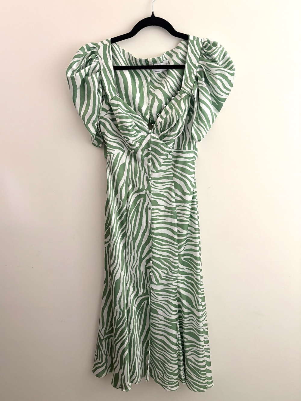 ASOS Green Zebra-Print Midi Dress with Puff Sleeves